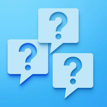 Three blue speech bubbles with question marks on a blue background.