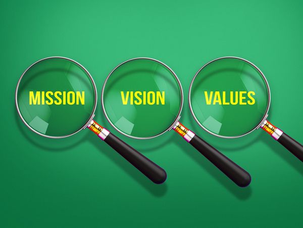 Magnifying glasses highlighting mission, vision, and values on a green background.