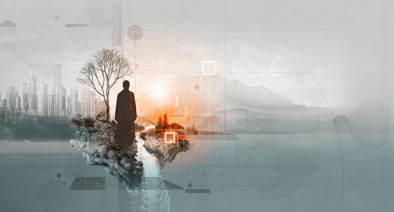 Digital collage featuring a human silhouette blended with an urban landscape and natural elements. The abstract composition explores themes of duality, contrast, and balance between modern city life and serene environments. Mixed media style with layered textures, muted tones. Ideal for conceptual art, urban planning, environmental awareness, sustainable development visuals