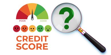 Credit score gauge with emoticons and a magnifying glass with a question mark.