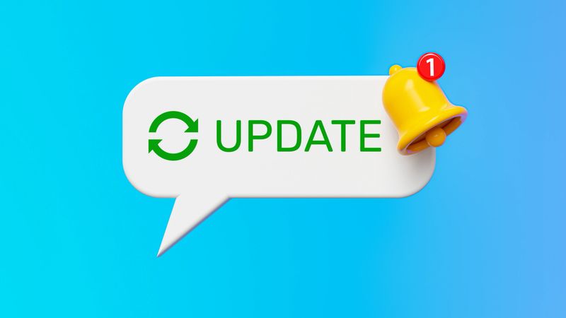 A modern and vibrant graphic shows a speech bubble with the word "UPDATE" and a refresh icon, accompanied by a yellow notification bell. This conceptual image, set against a bright blue background, symbolizes the arrival of new information, a system upgrade, or an important announcement. The clean, 3D design is perfect for illustrating concepts related to technology, communication, and business processes. It's an ideal visual for software updates, news alerts, and any message that requires immediate attention and signals progress or change.