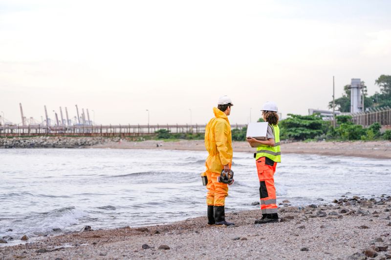 Two field scientists in PPE gear analyzing seawater samples using test tubes and a laptop. Environmental monitoring and pollution control on the coastline are depicted.