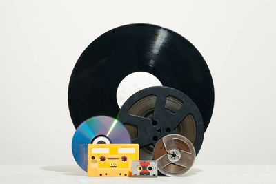 Audio cassettes, Vinly albums, 45s, 78s, micro cassettes, 12" singles, open reel audio, reel to reel