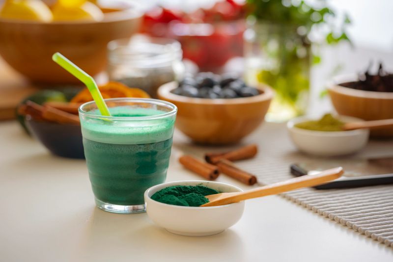 Spirulina bacterium or chlorella green smoothie on kitchen counter. Preparing healthy food at home, superfood or dieting brevage.  Nutritional vitamins supplement for dieting and weight control. Well balanced food