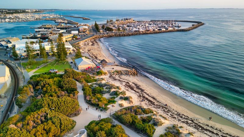 Aerial view of Fremantle coastline on a sunny afternoon, Western Australia.