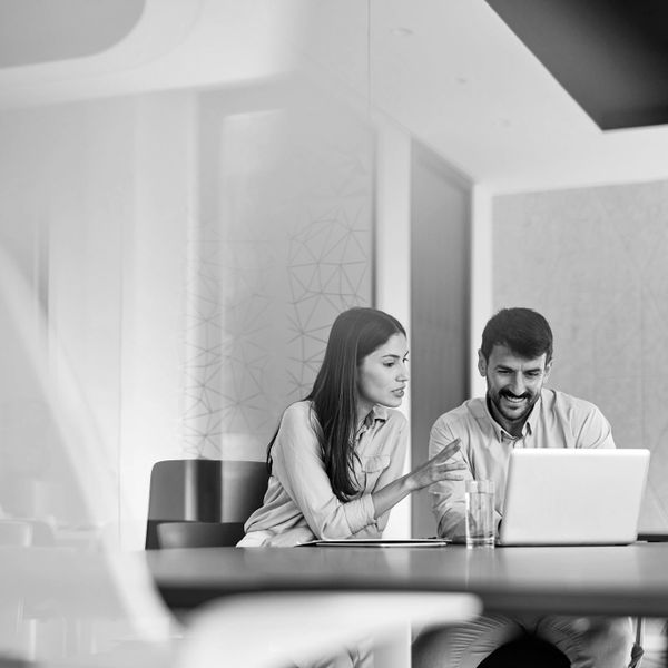 Two colleagues collaborating on a laptop in a modern office.