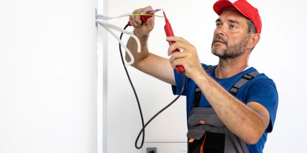 Electrician testing wires inside a wall with a tool.