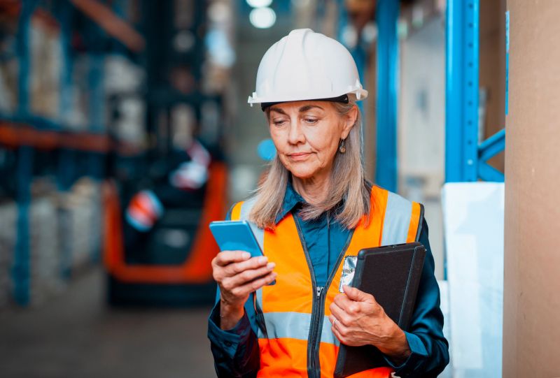 A senior female worker wearing protective gear including a hard hat and reflective vest assesses logistics in a modern warehouse, utilizing a mobile device and holding documents, representing leadership and efficiency.