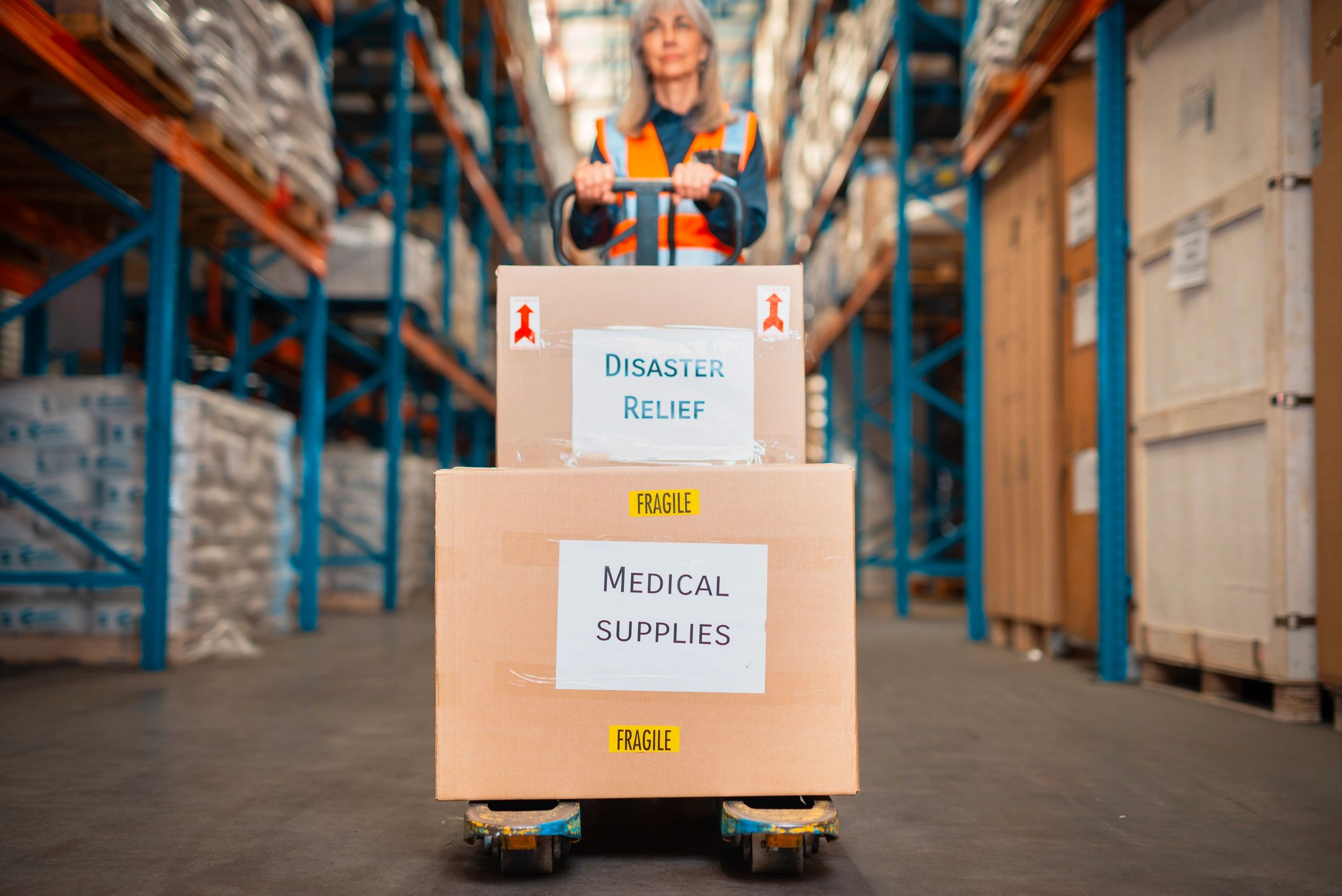 A delivery person hands over a pharmacy package to a woman at her door.