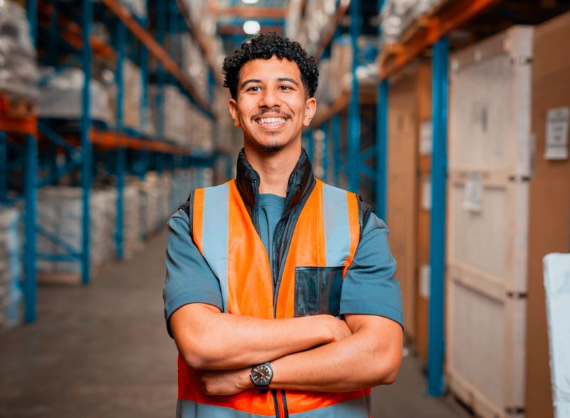 A confident warehouse worker is depicted standing in the middle of a logistics center. Wearing a high-visibility vest, the individual projects professionalism and dedication, surrounded by organized shelving and inventory in a modern warehouse.
