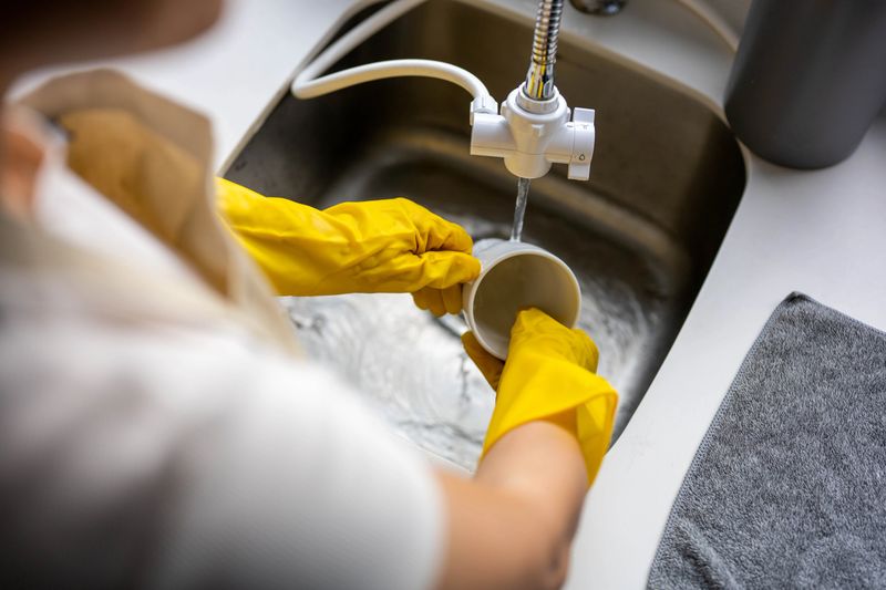 Housewife washing cup with sponge and looking very devoted