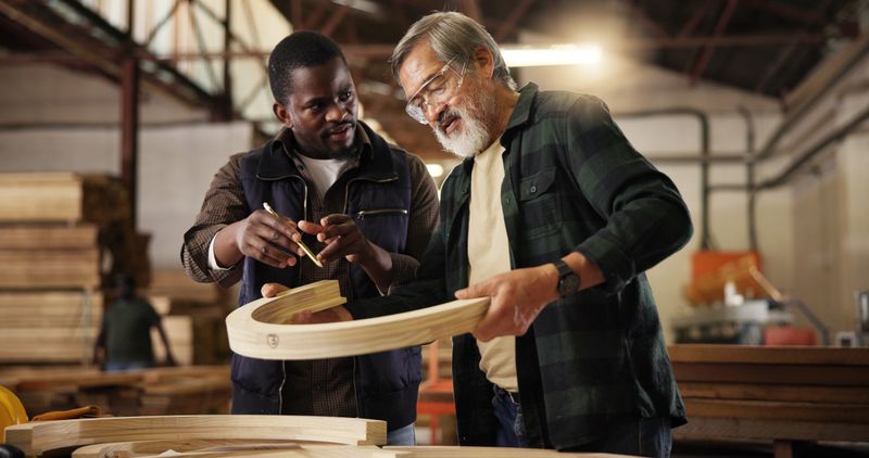 Furniture, teamwork and carpenter with people in factory for design production, woodwork and manufacturing. Collaboration, supervisor and framework with men for building project and construction