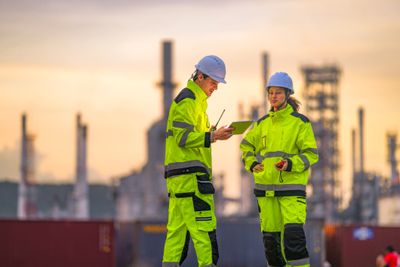 Two workers in high-visibility gear discussing at an industrial site during sunset.