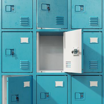 Blue lockers with two open doors revealing empty interiors.