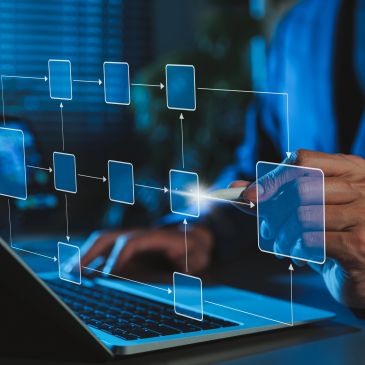 Person interacting with digital flowchart on laptop screen.