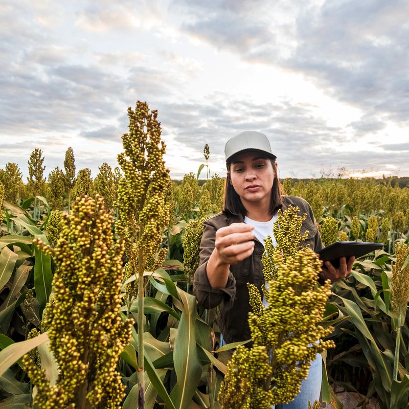 A woman in her 30s stands alone in the middle of a rural sorghum field during sunset, under a partly cloudy sky. She wears a cap and casual field clothing, and holds a digital tablet, appearing to take notes or collect agricultural data. The setting suggests a farm or countryside location, highlighting modern agricultural practices and crop monitoring. The light is warm and soft, capturing the transitional moment between day and evening in a peaceful rural landscape.