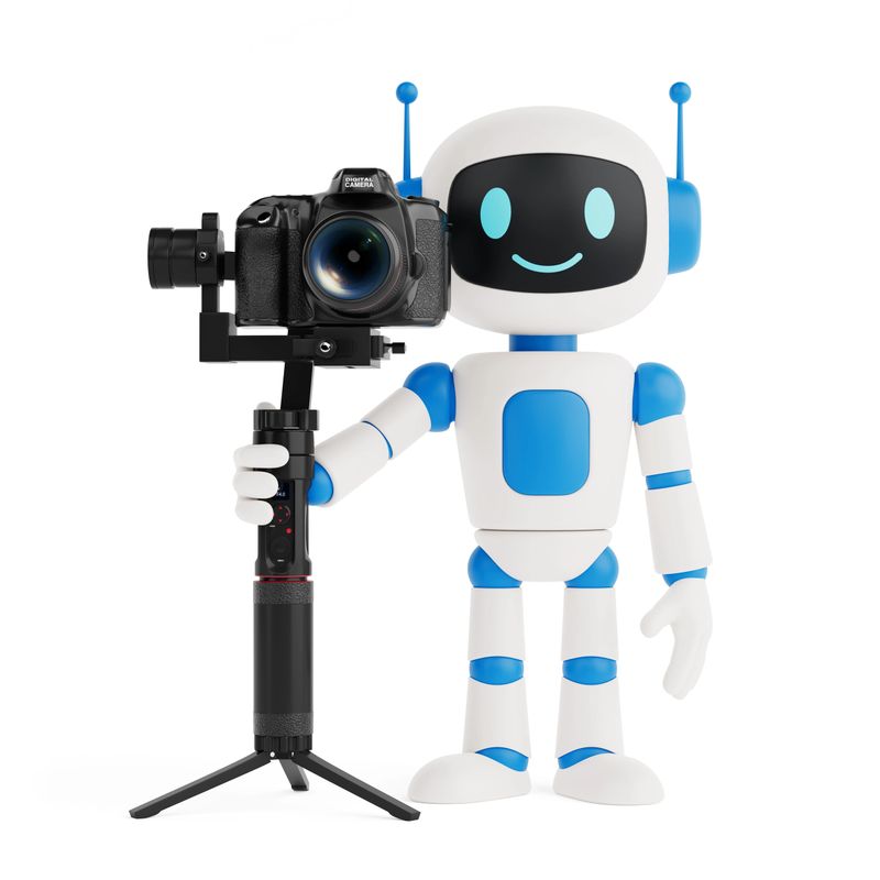 Creativity And Technology Concept. Cute Friendly AI Robot Mascot Holding Professional Camera On Tripod Gimbal On White Background. 3d Rendering