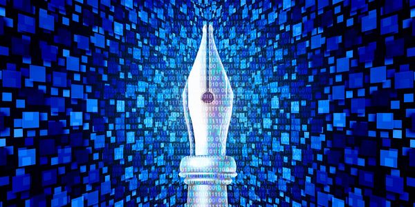 Digital pen nib surrounded by blue binary code and cubes.