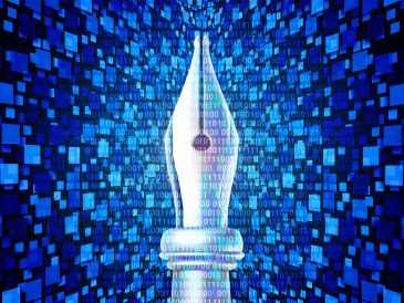 Digital pen nib surrounded by floating blue squares and binary code.