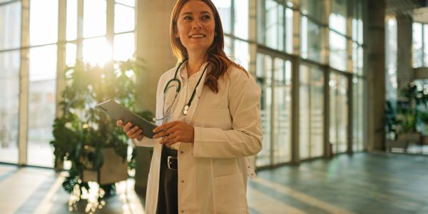 Female doctor holding a tablet in a sunlit building.