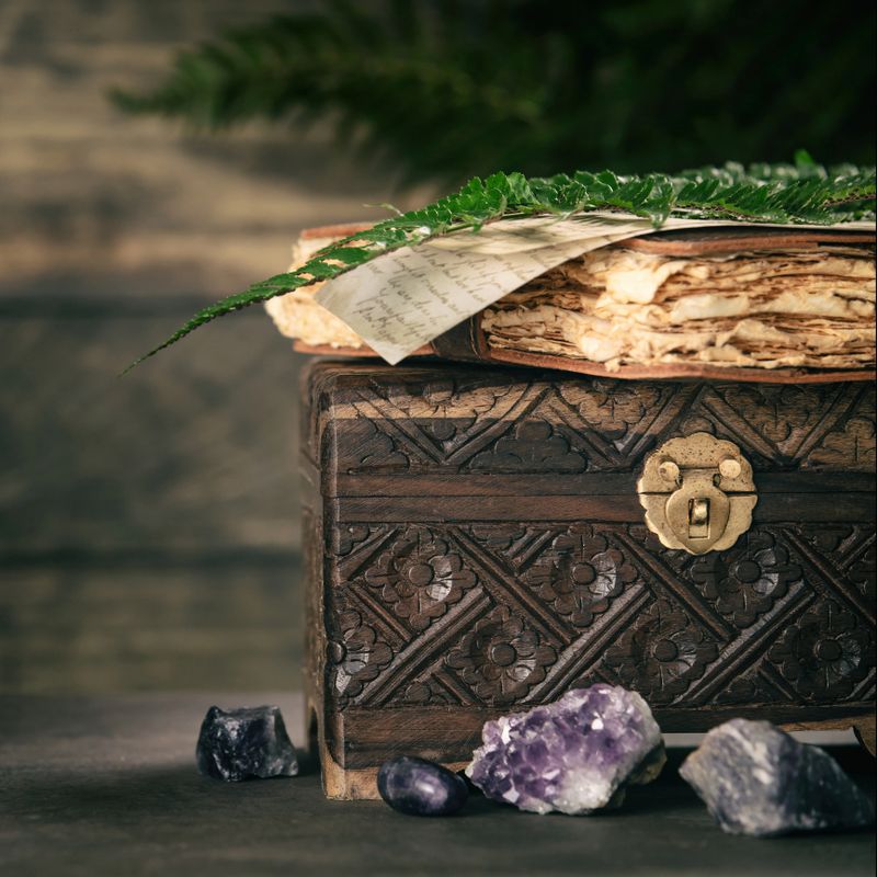 A close-up view of an ornate wooden chest with a weathered journal, reflecting timeless charm and craftsmanship. Perfect for rustic, retro, or literary projects.