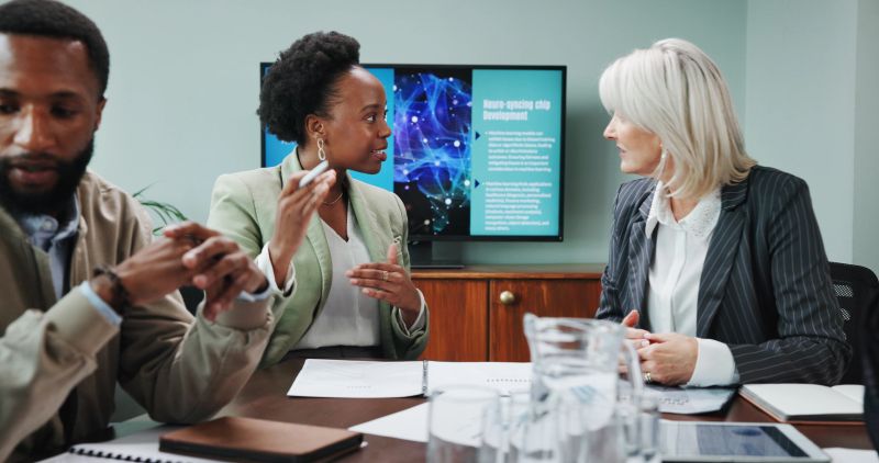 Business people, meeting and screen in office for presentation, innovative technology and discussion. Neuroscience, team and explaining in workplace for project briefing for brain chip development