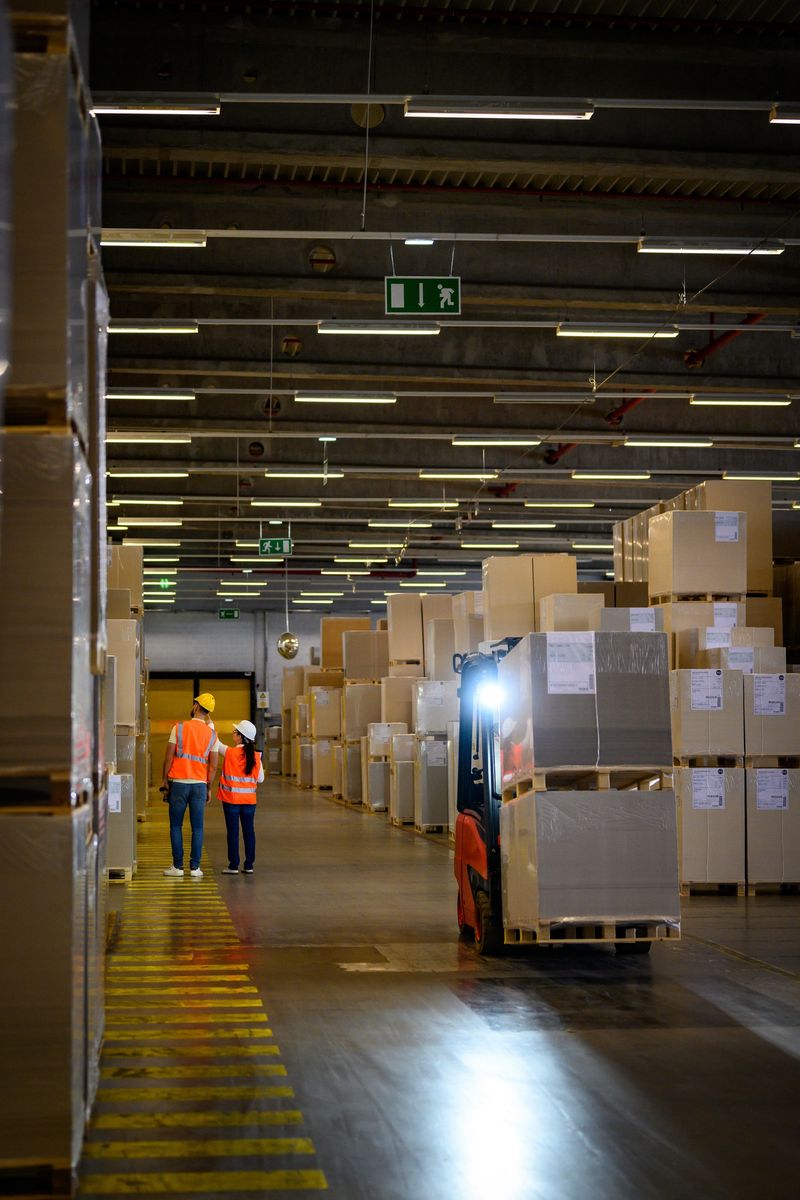 In a distribution warehouse, two workers in safety vests and helmets converse near a forklift. The scene highlights logistics and supply chain operations, with neatly stacked boxes symbolizing efficient storage. The wide-angle shot captures the industrial environment and organized workflow.
