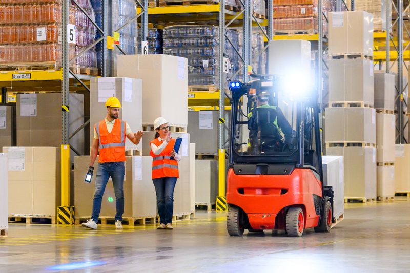 In a bustling warehouse, two workers in orange vests and safety helmets coordinate with a forklift driver. The scene captures teamwork and logistics efficiency, emphasizing safety and organization. A wide shot highlights the industrial setting and inventory management.