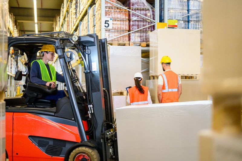 In a distribution warehouse, workers in safety gear manage logistics. A forklift operator maneuvers a pallet while two others inspect goods. The scene highlights industrial efficiency and teamwork, symbolizing the supply chain's backbone. Wide-angle shot capturing organized storage and workflow.
