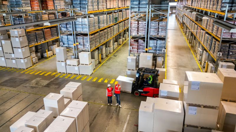Aerial view of a warehouse with workers in safety vests and a forklift operator managing large pallets. The scene symbolizes efficient logistics and industrial storage operations, highlighting teamwork and organization in a distribution center.