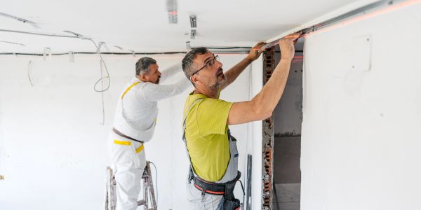 Two men installing wiring in a room.