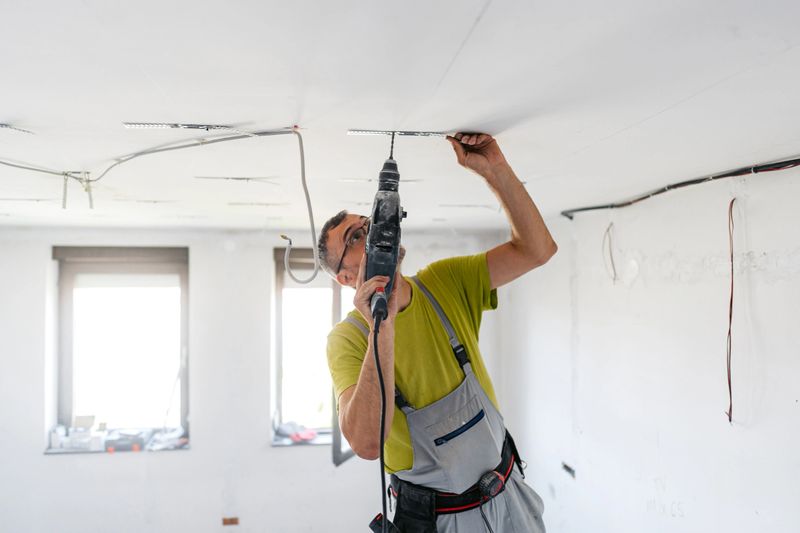 Mature worker installing drywall spacers with a drill on the ceiling in an empty apartment under renovation.