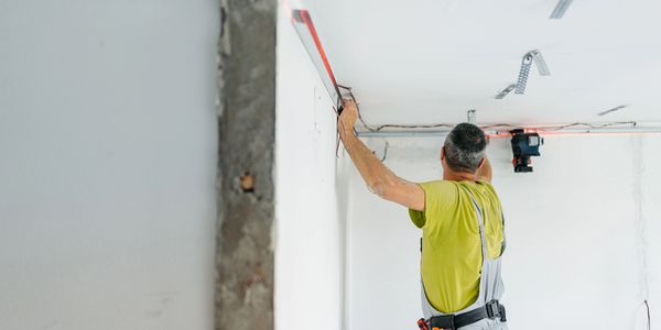 Worker installing ceiling wiring with laser level in a white room.