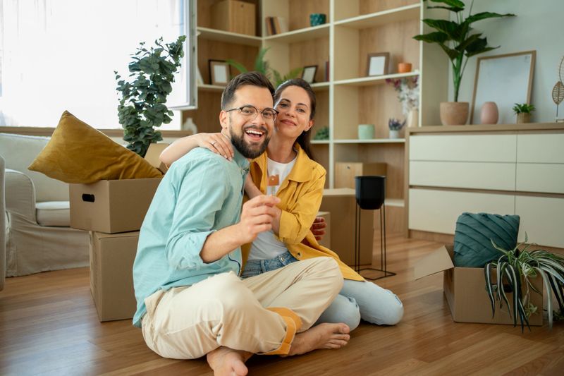 Young smiling couple is hugging and showing keys of their new apartment, sitting among cardboard boxes with belongings, very happy to start new life chapter in their own home