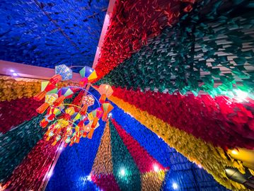 Colorful ceiling decoration with vibrant lights.