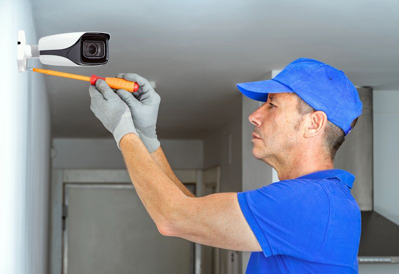 Professional installation of a security camera system in a home setting.