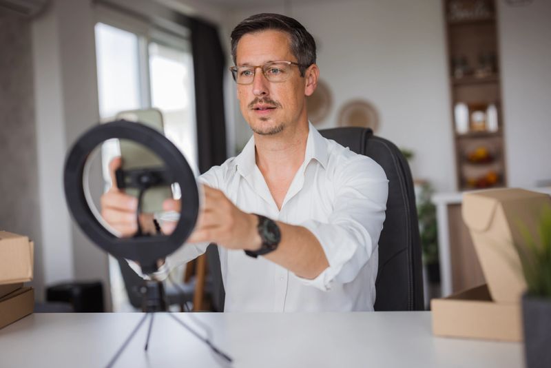 Entrepreneur setting up equipment for creating online video content for social media platforms