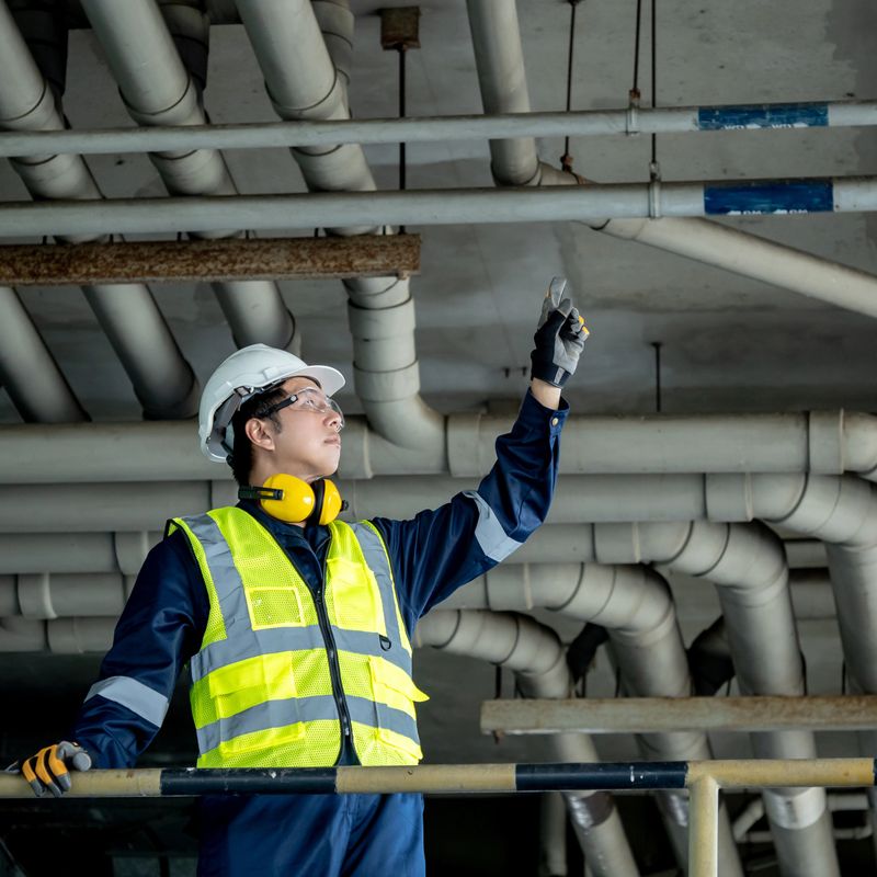 Asian male building inspection engineer pointing at plumber piping system. Construction worker man with reflective vest, safety helmet, protective goggles and ear muffs working at construction site