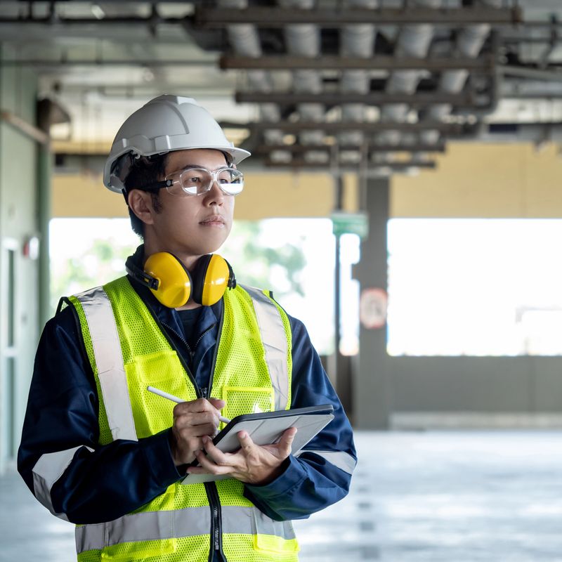 Building inspector man using digital tablet checking plumbing pipeline system. Asian male worker in reflective vest, ear muffs, safety helmet and goggles working for building maintenance inspection