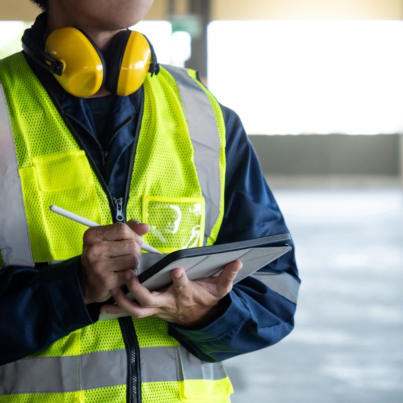 Building inspector man using digital tablet checking safety and security system. Asian male worker in reflective vest and protective ear muffs working for building maintenance inspection