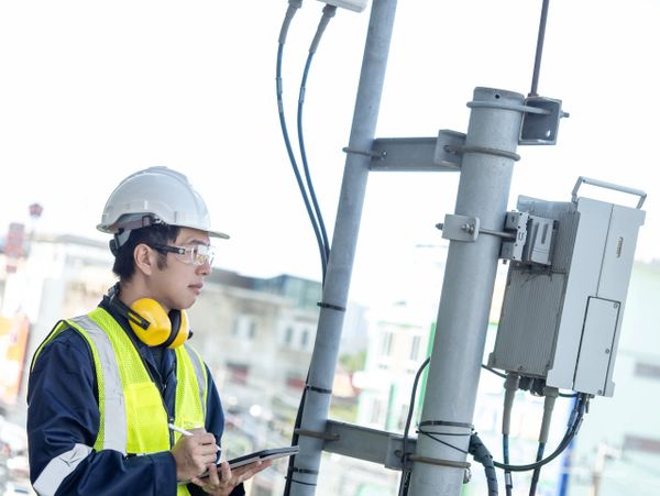 Engineer inspecting telecommunications equipment on a pole with a tablet.