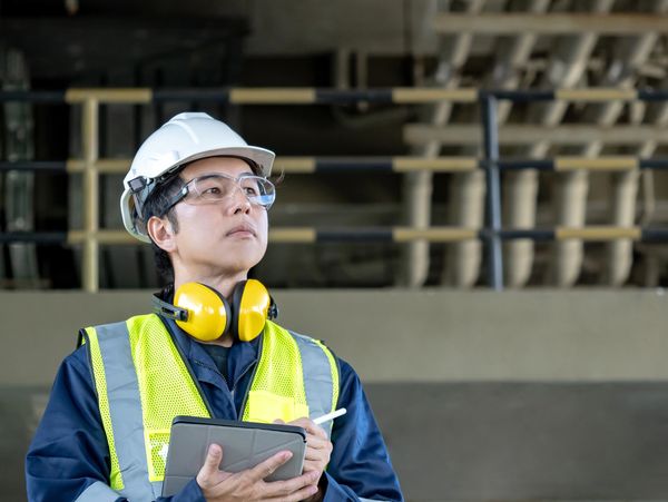 Engineer wearing safety gear inspects industrial pipes using a tablet.