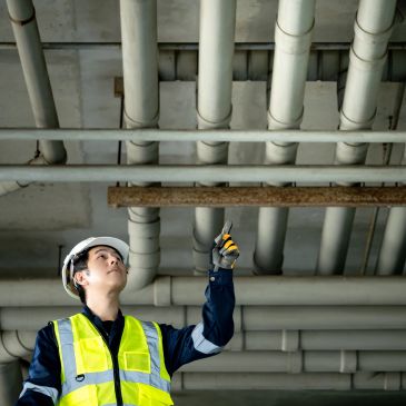 Worker inspecting ceiling pipes.