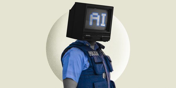 Police officer with a computer monitor head displaying 'AI'.