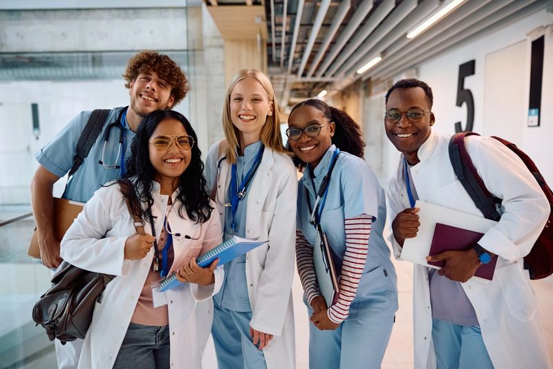 Happy diverse medical and nursing students at the university looking at camera.