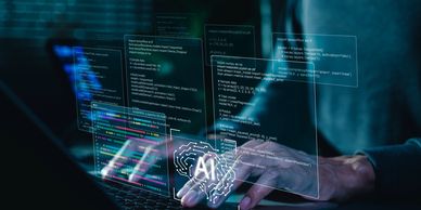 Person coding AI and machine learning models on a laptop with floating code screens.