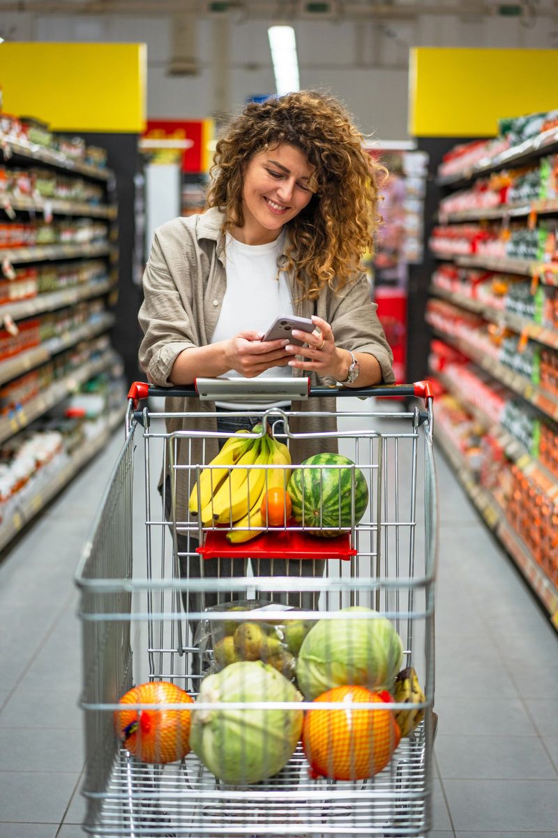 Smiling woman using her smartphone while shopping for groceries in a supermarket, pushing a shopping cart full of fresh fruits and vegetables