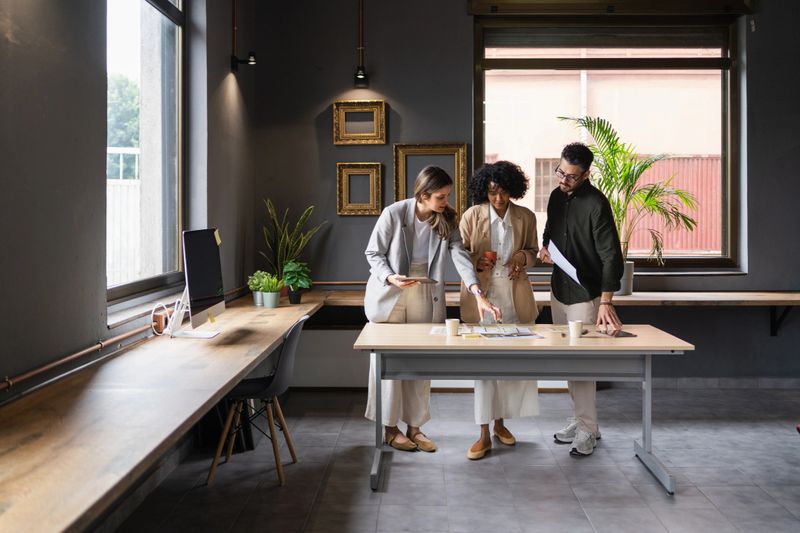 Creative professionals reviewing architectural blueprints, working together in sleek contemporary workspace with collaborative energy
