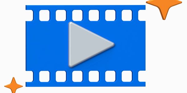 Blue filmstrip icon with a gray play button and two orange stars.
