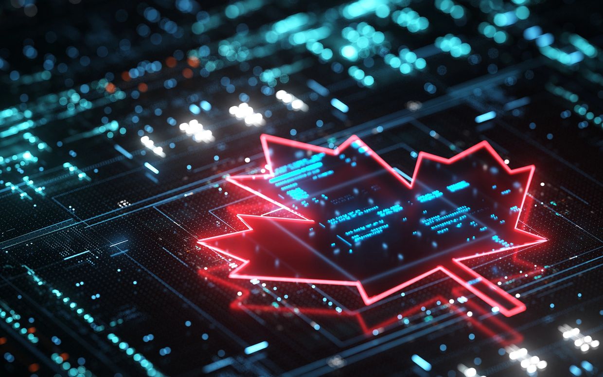 Glowing digital maple leaf on a futuristic circuit board.